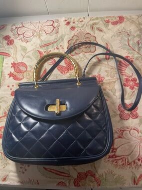 Bellido by Susan Gail Navy Quilted Satchel Gold Metal Notched Handle Hardware
